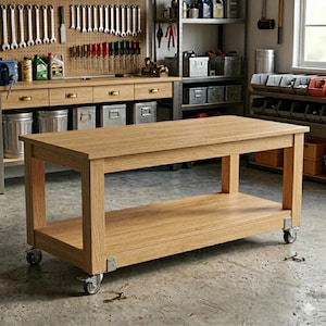 May include: A rectangular light brown wooden workbench featuring a smooth top surface and a lower storage shelf. The structure is supported by four silver metal swivel casters attached to the base of each thick wooden leg for mobility.