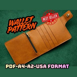 May include: Open, tan leather wallet with multiple card slots and a zippered compartment. The text "WALLET PATTERN" is displayed in orange and black, with "BEST SELLER" in a red circle. The text "PDF-A4-A2-USA FORMAT" is also visible.
