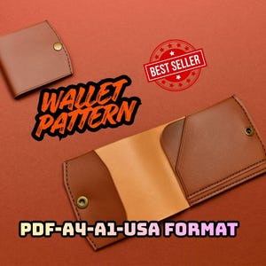 Pode incluir: Um padrão de carteira de couro castanho com o texto "WALLET PATTERN" e "PDF-A4-A1-USA FORMAT". A carteira tem um interior bege claro. Um selo "BEST SELLER" também é visível.