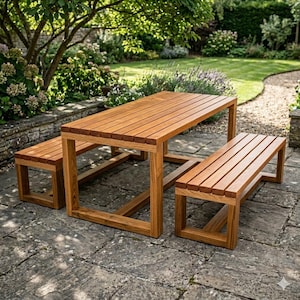 Könnte beinhalten: Ein hölzernes Ess-Set für den Außenbereich mit einem rechteckigen Tisch und zwei Bänken. Das Set besteht aus hellbraunem Holz mit einem Lattenrost-Design. Die Möbel stehen auf einer Steinterrasse in einem Garten.