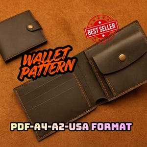May include: Dark brown leather wallet pattern with orange stitching. The open wallet shows card slots and a coin pocket. The text "WALLET PATTERN" and "PDF-A4-A2-USA FORMAT" are visible. A "BEST SELLER" stamp is also present.