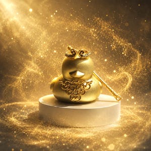 Puede incluir: Una figura de pato dorado con acabado mate, adornada con una intrincada pieza de filigrana en el pecho y un pequeño anillo en forma de corona sobre la cabeza, acompañada de una fina varilla dorada que se extiende lateralmente sobre un fondo brillante.