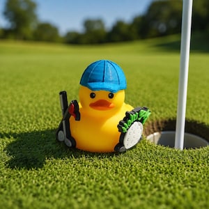 Könnte beinhalten: Eine gelbe Quietscheente mit einer leuchtend blauen Baseballkappe. Die Ente hält einen schwarzen Golfschläger in einem Flügel und einen weißen Golfball mit grünem Schriftzug "Hole in One" im anderen. Die Figur steht auf einem Golfplatz.