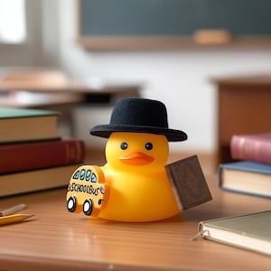 Könnte beinhalten: Eine leuchtend gelbe Quietscheente mit einem schwarzen Filzhut. Die Ente hält in einem Flügel ein kleines gelbes Schulbus-Spielzeug mit der Aufschrift SCHOOL BUS an der Seite und im anderen Flügel ein kleines braunes rechteckiges Buch.