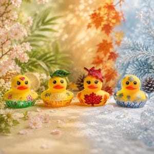 Könnte beinhalten: Vier gelbe Gummienten, jede mit saisonalen Themen verziert. Eine Ente zeigt Frühlingsblumen, eine andere ein Zitronenmuster, eine dritte ein rotes Ahornblatt und die letzte ein Winter-Schneeflockenmuster. Die Enten haben orangefarbene Schnäbel und schwarze Augen.