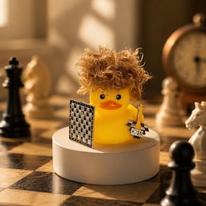 Puede incluir: Un pato de goma amarillo con cabello castaño rizado, que presenta un accesorio de tablero de ajedrez cuadrado en blanco y negro y un pequeño pin de metal con la palabra CHESS y una pieza de rey dorada, sobre un pedestal circular blanco.