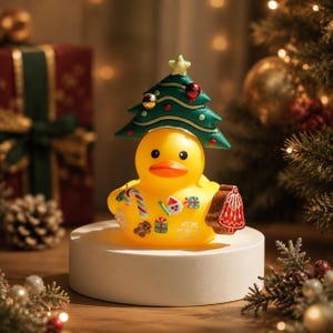 Könnte beinhalten: Eine gelbe Quietscheente mit einem grünen Weihnachtsbaum-Hut, der mit einem Stern gekrönt ist. Die Ente ist mit kleinen weihnachtlichen Aufklebern wie Zuckerstangen, Geschenken und einem Lebkuchenmann verziert und hält einen braunen Keks.
