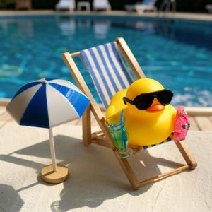 Könnte beinhalten: Eine gelbe Gummiente mit schwarzer Sonnenbrille und einer rosa Wassermelone, die sich in einem Miniatur-Strandstuhl mit blau-weiß gestreifter Sitzfläche entspannt. Ein blau-weißer Sonnenschirm und ein Cocktail befinden sich in der Nähe.