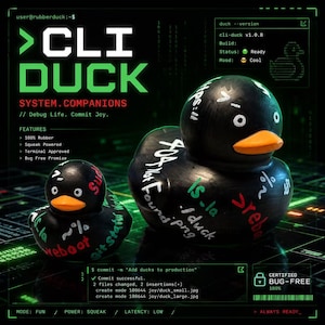 May include: Black rubber duck toys with white text and orange beaks. The larger duck has the text "404 Not Found.png" and "Is_la.Iduck.png". The smaller duck has the text "git status" and "reboot". The image also includes the text "CLI DUCK".