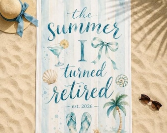 Custom Year Towel Retired Teacher Coworker Friend Mom, Personalized Retirement Beach Towel, Gift for Women Happy Retirement Pool Towel