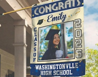 Bandera personalizada de graduación con foto para la promoción de 2026, bandera de jardín de graduación personalizada, letrero de jardín de la promoción de 2026, bandera de graduación con nombre personalizado