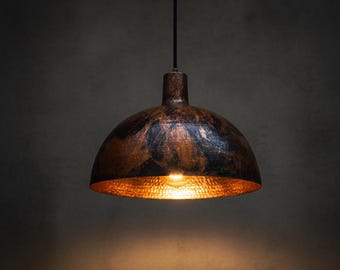 Handmade Hammered Copper Dome Pendant Light,Rustic Industrial Kitchen Island Lighting,Antique Patina Copper Chandelier,Farmhouse Decor