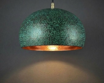 Verdigris Copper Pendant Light,Hand-Hammered Oxidized Dome Lamp,Rustic Industrial Kitchen Island Lighting,Custom Sized Farmhouse Lamps