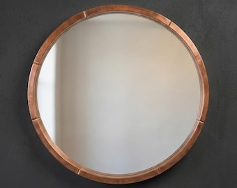 Handmade Copper Round Wall Mirror, Segmented Frame Hammered Metal Mirror, Rustic Modern Bathroom Vanity Mirror