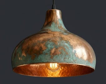 Lámpara colgante de cobre – Lámpara de cúpula con pátina verde oxidada – Iluminación rústica para isla de cocina – Lámpara de techo de cobre hecha a mano