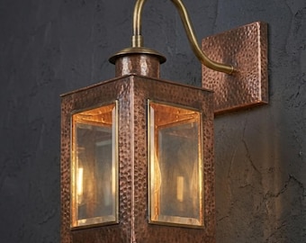 Handmade Copper Outdoor Wall Lantern,Hammered Copper Sconce with Solid Brass Arm,Rustic Porch & Garden Lighting,Industrial,Clear Glass Light