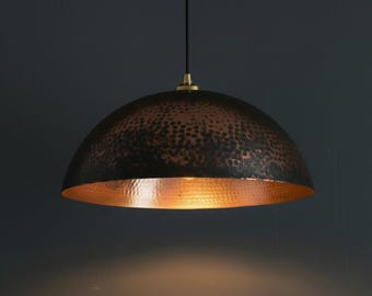 Handmade Hammered Copper Dome Pendant Light,Rustic Industrial Kitchen Island Lighting,Antique Patina Copper Chandelier,Farmhouse Decor