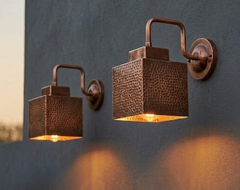 Hammered Copper Wall Sconce, Square Cube Industrial Vanity Light, Geometric Copper Wall Lamp, Outdoor Porch Light Fixture, Modern Farmhouse