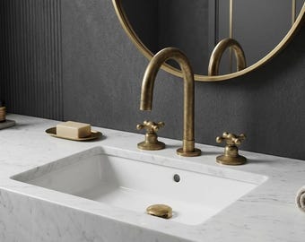 Unlacquered Brass Bathroom Faucet – Widespread Dual Handle 3-Hole Sink Faucet, Vintage Solid Brass Vanity Tap