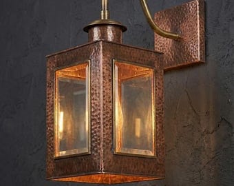 Handmade Copper Outdoor Wall Lantern,Hammered Copper Sconce with Solid Brass Arm,Rustic Porch & Garden Lighting,Industrial,Clear Glass Light