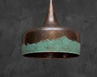 Lámpara colgante de cobre oxidado con pátina verde - Iluminación para isla de cocina de cobre macizo martillado - Lámpara de techo rústica industrial