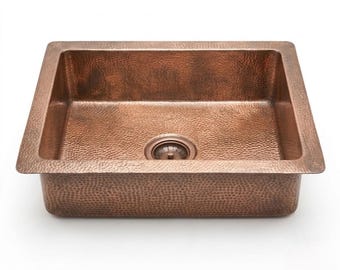 Fregadero de cocina empotrado de cobre martillado, lavabo rectangular rústico para barra, fregadero de cobre macizo de gran calibre o empotrado, grifería de cobre macizo.