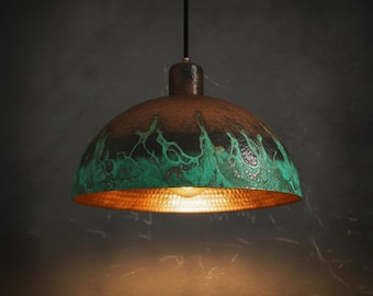 Handmade Hammered Oxidized Copper DoVme Pendant Light,Rustic Industrial Kitchen Island Lighting, Green Patina Dome Lamp, Verdigris Lighting