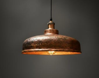 Handmade Hammered Copper Dome Pendant Light,Rustic Industrial Kitchen Island Lighting,Antique Patina Copper Chandelier,Farmhouse Decor