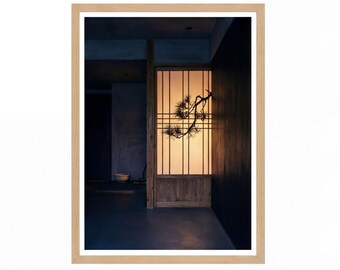 Japan wall Art, Night Pine Shadow Warm Light, Japanese Zen Minimalist Shoji Screen Print