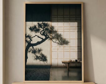 Pine Tree Shadow Poster Japanese Shoji Wall Art Zen Minimalist Photography Print