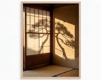 Pine Shadow Wall Art, Shoji Screen Golden Light, Japanese Zen Minimalist Digital Print
