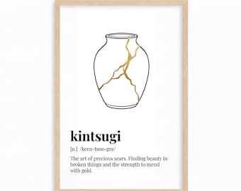 Kintsugi Definition Print, Japanese Philosophy Wall Art, Minimalist Gold Repair Poster
