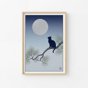 Japan wall Art, Moonlit Black Cat Ukiyo-e Style Pine Branch, Japanese Zen Minimalist Print