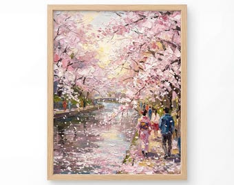 Japan wall Art, Cherry Blossom Oil Painting Style Kimono Hanami, Impressionist Spring Print