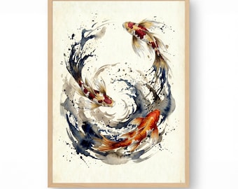 Japan wall Art, Koi Fish Watercolor Circular Feng Shui, Japanese Zen Minimalist Print