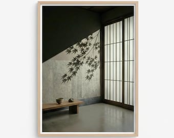 Japan wall Art, Monochrome Maple Shadow Print, Japanese Zen Minimalist Wabi Sabi Decor