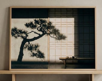 Japan wall Art, Pine Shadow Concrete Shoji, Japandi Zen Minimalist Modern Print