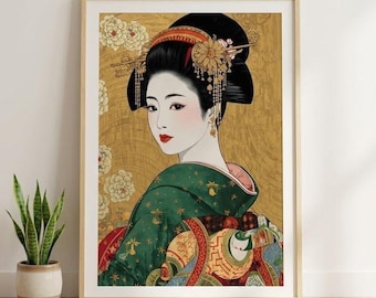 Geisha Wall Art Japanese Klimt Style Gold Poster, Ukiyo-e Physical Print for Home Decor, Traditional Kimono Art Gift for Her