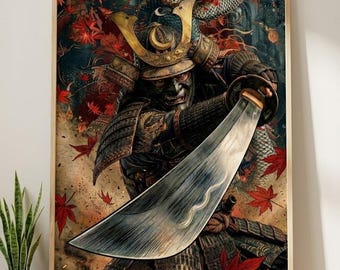 Samurai Warrior Poster Katana Sword Art - Japanese Wall Decor with Dragon & Maple Leaves, Traditional Bushido Print, Free Shipping