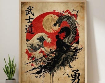 Samurai Silhouette Art Poster Japanese Wall Decor - Great Wave & Dragon Bushido Print, Traditional Kanji Calligraphy Art, Free Shipping