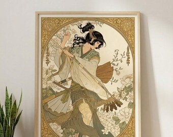 Female Samurai Art Nouveau Poster - Onna-musha Print, Mucha Style Japanese Warrior Wall Art, Cherry Blossom Decor, Free Shipping