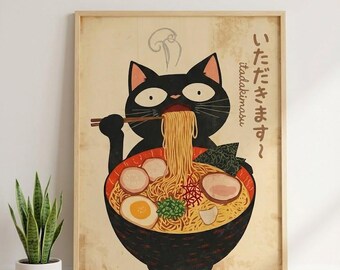 Black Cat Poster Eating Ramen Japanese Retro Illustration Itadakimasu Text Vintage Wall Art