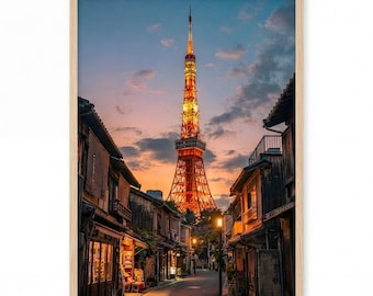Japan wall Art, Tokyo Tower Sunset Traditional Street, Japanese Urban Landscape Print