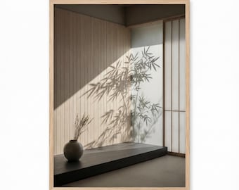 Bamboo Shadow Wall Art, Shoji Screen Wood Panel, Japandi Zen Minimalist Digital Print