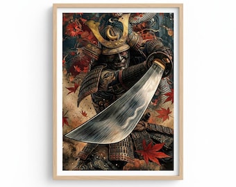 Japanese Samurai Armor Wall Art, Katana Sword Dragon Print, Red Maple Leaf Digital Download