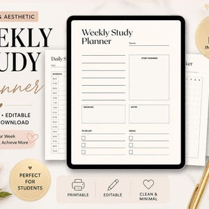 May include: A minimalist weekly study planner with a black tablet displaying the planner layout. The design includes sections for daily schedules, priorities, to-do lists, and notes. The words "Printable, Editable, Instant Download" are also visible.