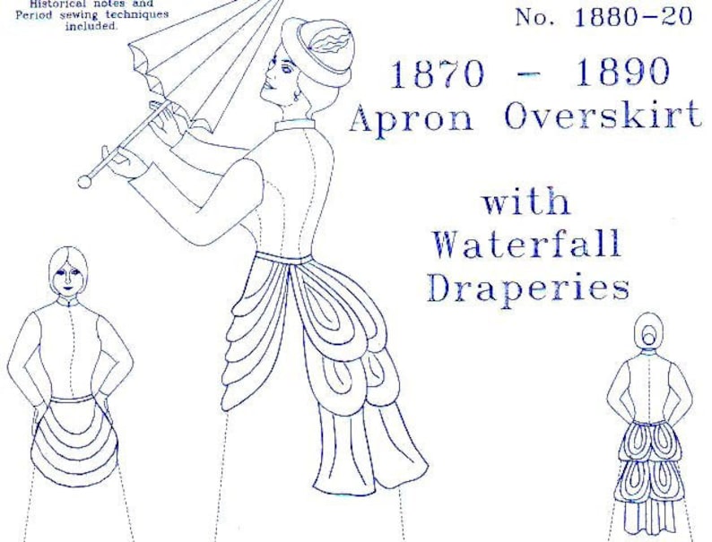 Victorian Skirts | Edwardian Skirts     Victorian Skirt Pattern. Apron Overskirt with Bustle and Waterfall Draperies Plus & Multi Size Sewing Pattern by the Mantua Maker. 1880 20  AT vintagedancer.com