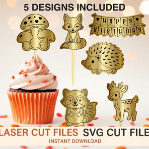 Boho Woodland Cake Topper SVG Bundle | Set of 6 Forest Creatures  Cake Toppers | Laser Cut Files |  PNG CDR | Forest Animal Party Decor