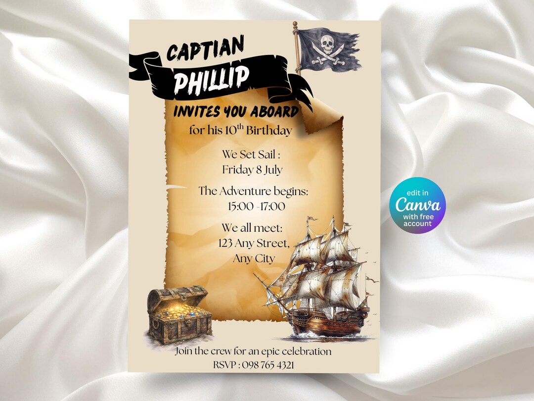 Pirate Birthday Invitation Template Editable in Canva, Captain Invite ...