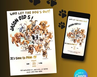 Dog Birthday Invite Editable In Canva, Puppy Themed Party, Kids Dog Party, Let’s Pawty Invite
